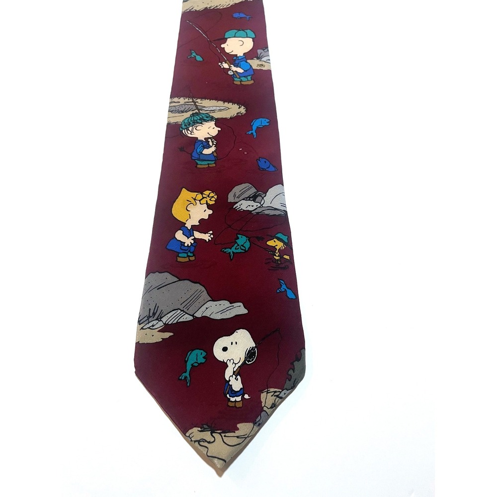 Peanuts Silk Novelty Necktie Burgundy Fishing Snoopy Charlie Brown Vintage Tie